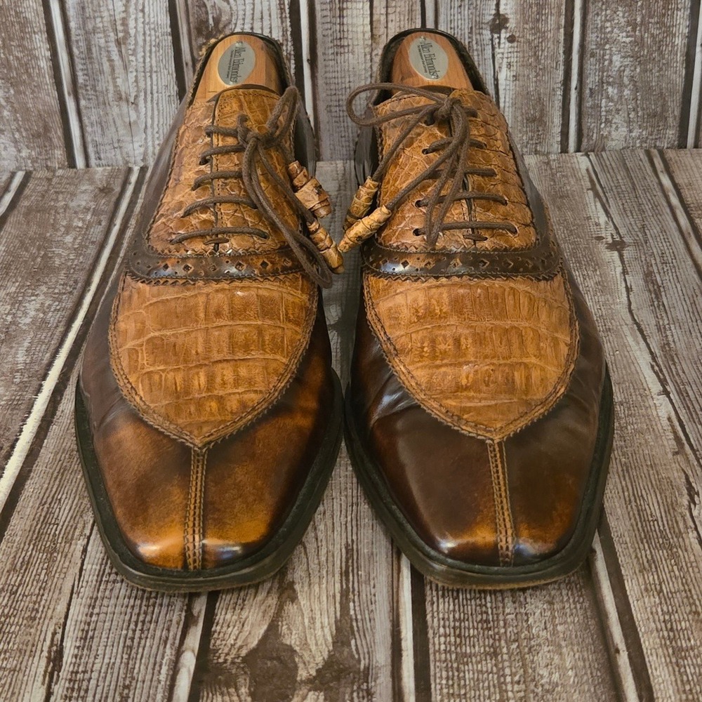 Mezlan Brown and Tan Croc-Texture Wingtip Derbys